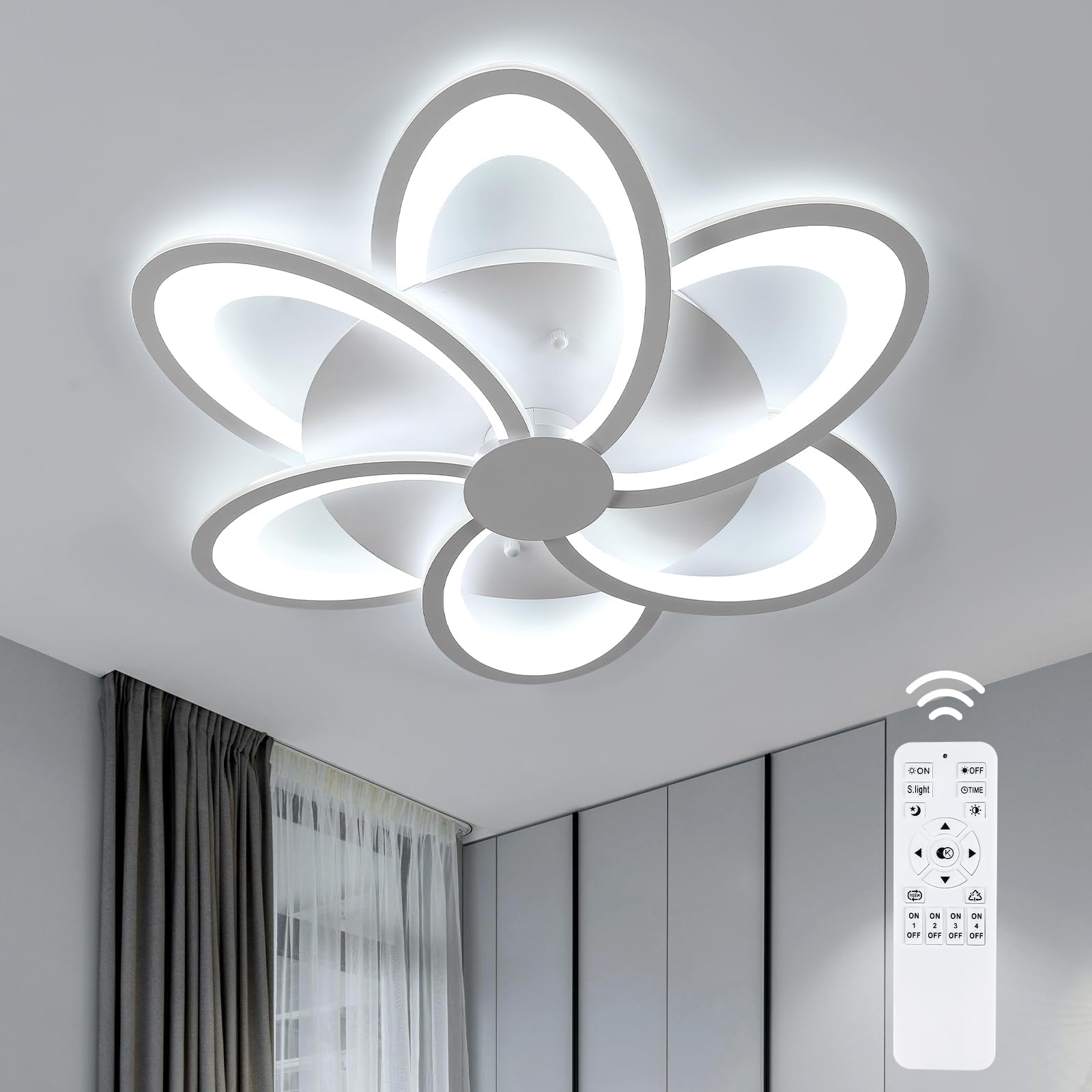 GoecoFlower Ceiling Light, 24.8'' White 6-Petal Dimmable LED Flush Mount Ceiling Light with Remote Control (3000K-6500K), Modern Ceiling Light Fixture for Living Room, Bedroom, Dining Room