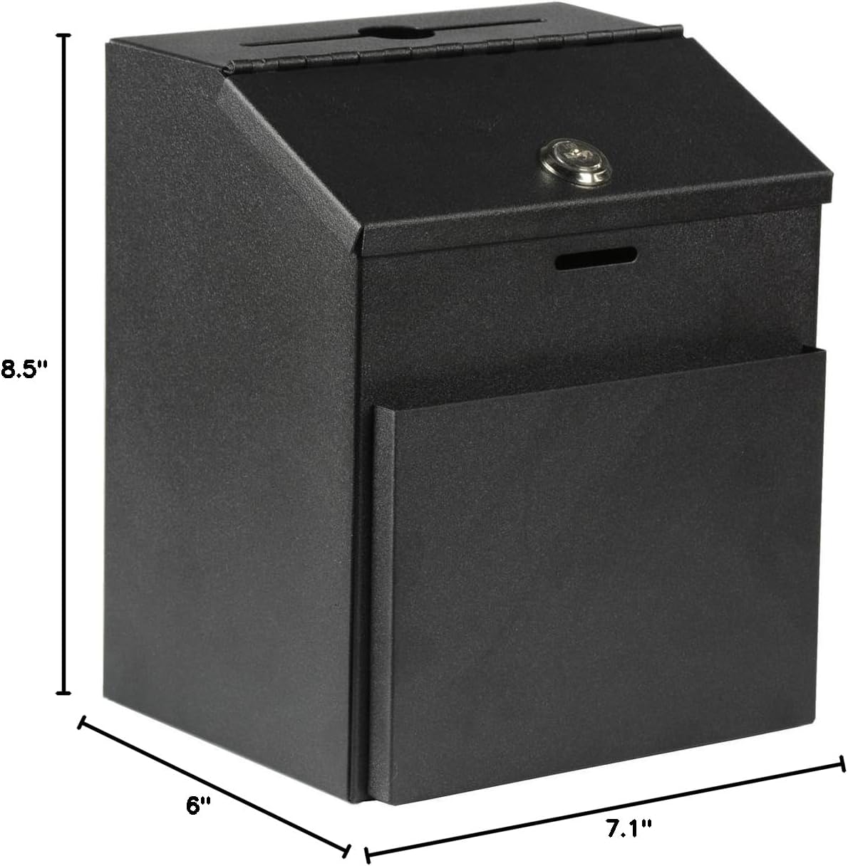 Suggestion Box with Lock for Wall Mount or Tabletop Use, Locking Hinged Lid, Metal Ballot Box with Pocket for Donation Forms or Envelopes (Not Included), Black