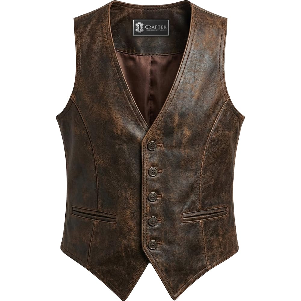 Crafter Men's Brown Leather Motorcycle Vest - Sleeveless, V-Neck, Cowhide Biker Riding sleeveless Motorcycle Leather Vest