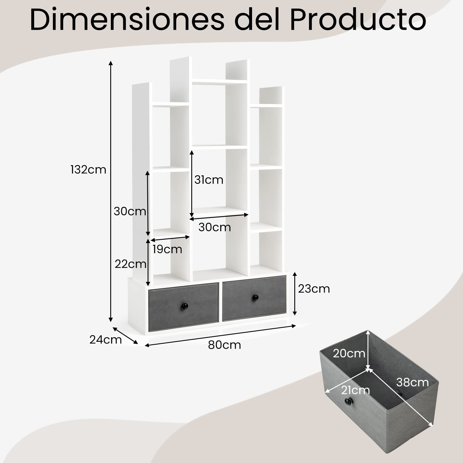 COSTWAY Estantería Librería de 12 Niveles con Cajón, Estabtería de Madera con 12 Compartimentos, Estudio, Sala de Estar, Dormitorio, 80 x 24 x 132cm (Blanco)