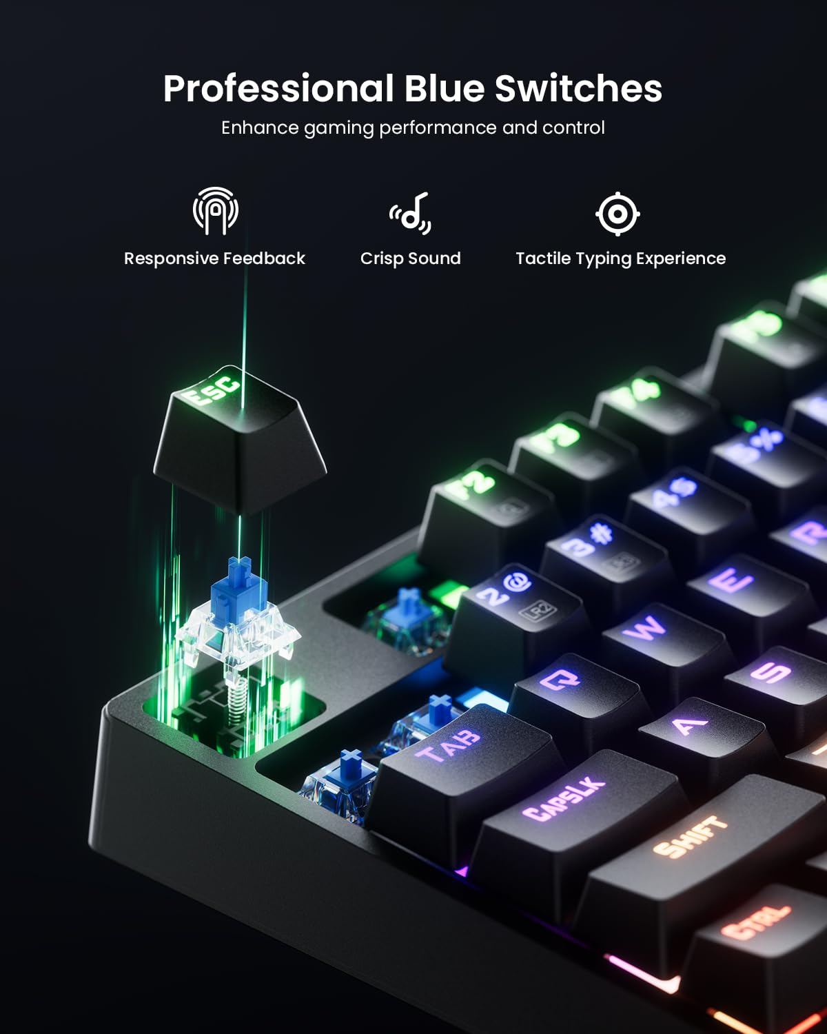 RGB, mechaniczna klawiatura do gier, niebieski przełącznik, 104 klawisze, pełnowymiarowa podświetlana klawiatura z 11 trybami podświetlenia, Anti-Ghosting, podwójne nasadki klawiszy ABS, przewodowa
