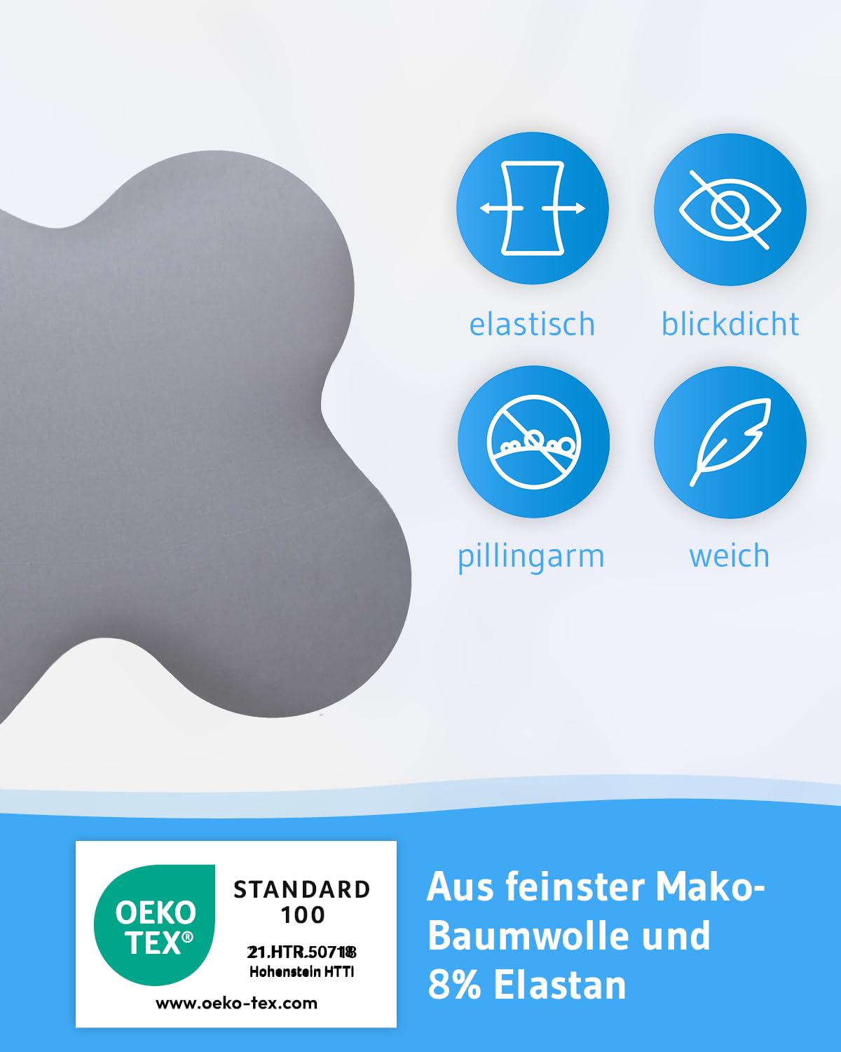 Kissenbezug Hellgrau Doppelpack, Perfekt für ACAMAR Seitenschläfer-Kissen, Mako-Baumwolle (Double Jersey), Bügelfrei & trocknergeeignet, Kissenhüllen 2er Set mit Reißverschluss, Oeko-Tex Zertifiziert
