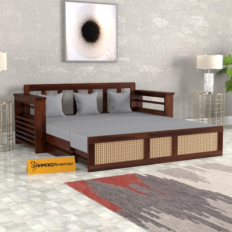 Image of Solid Sheesham Wood Sofa Cumss Bed with Cushions | Rosewood Day Bed with Rattan Cane Work & Storage | Convertible Sofa Bed for Living Room & Bedroom (Walnut Finish)