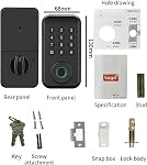 Verrouillage intelligent de la porte, 4 Ways-Fingerprint Password Key Tuya APP Commande, porte avant dentée pour portes 35-55mm Verrouillage de porte d'entrée épais et sans clé pour portes intérieures/en bois etc., Installation facile (bouton-poussoir)