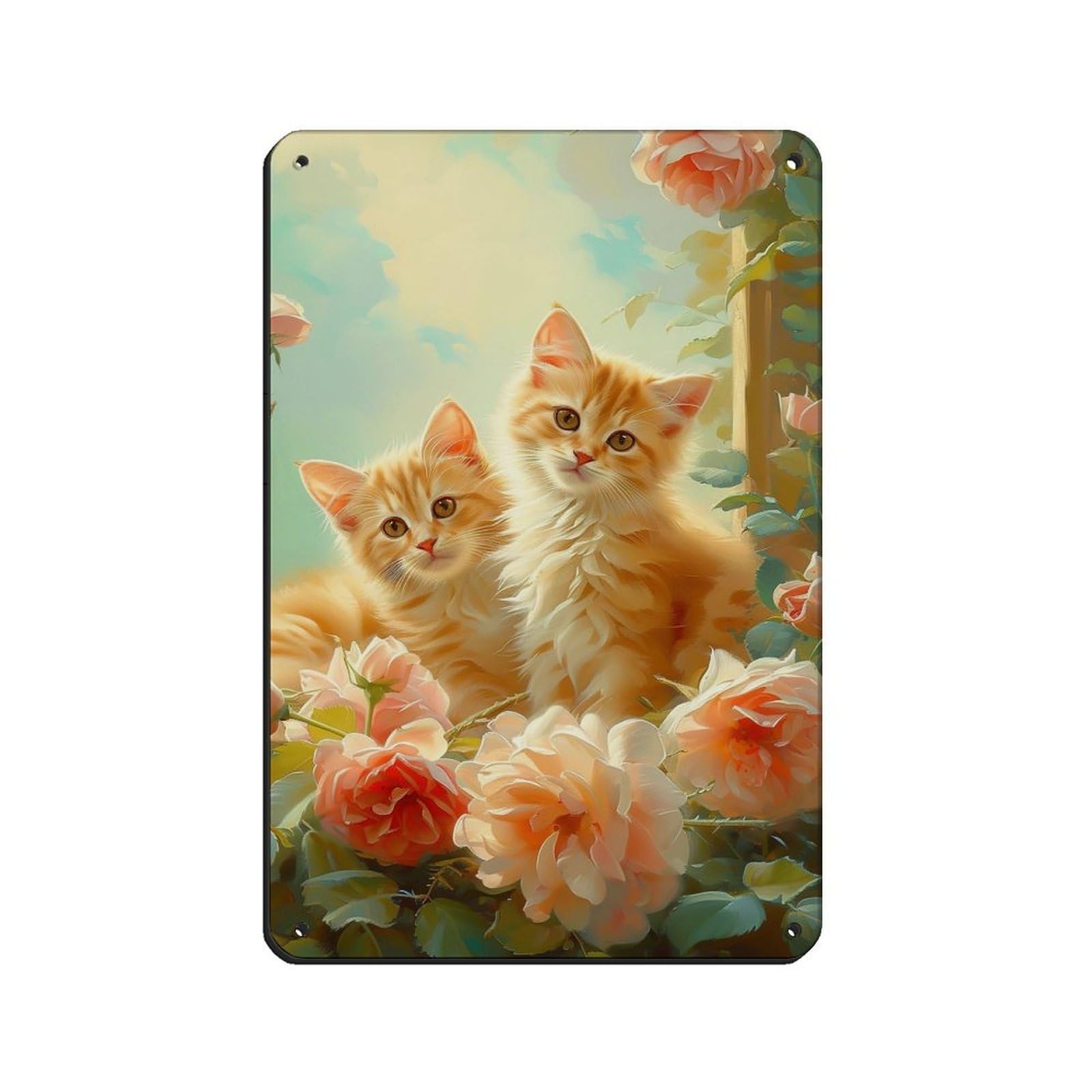 Lxwnze 20L X 30W Cm Cottage Cat On The Window Oil Painting Poster Tin Sign Vintage Metal Pub Club Cafe Bar Home Wall Art Decoration Poster Retro 8X12inch(20X30cm)