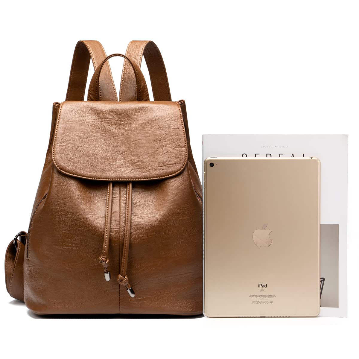 Mochila Casual para Mujer de PU Cuero Suave, Bolsa con Cierre de Cordón Antirrobo Escolar, Mochila Clásica Elegante Ligero Impermeable Multibolsillos Ideal para Trabajo, Escuela y Viaje