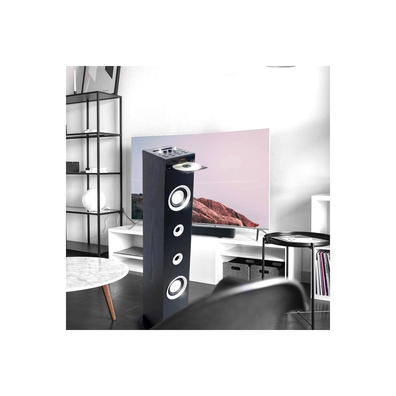 Tour de Son CD et Karaoké Inovalley HP49CD, 100W USB Bluetooth Radio FM, 2 Microphones + Jeu lumière LED, Colonne Chambre Salon