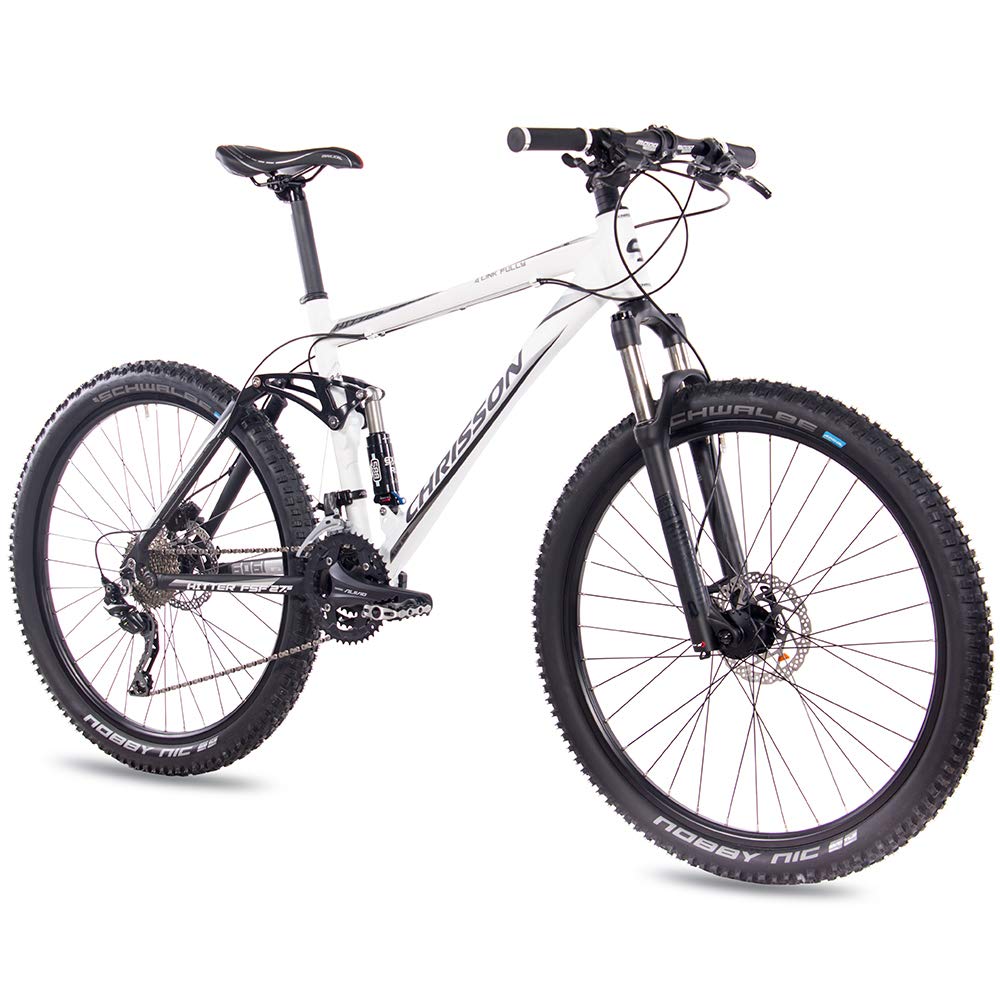 CHRISSON Hitter FSF 27.5 Inch Mountain Bike Full Suspension Mountain Bike with 30 Speed Shimano Deore Derailleur Gears – MTB Bicycle for Men and Women with Rock Shox Suspension Fork