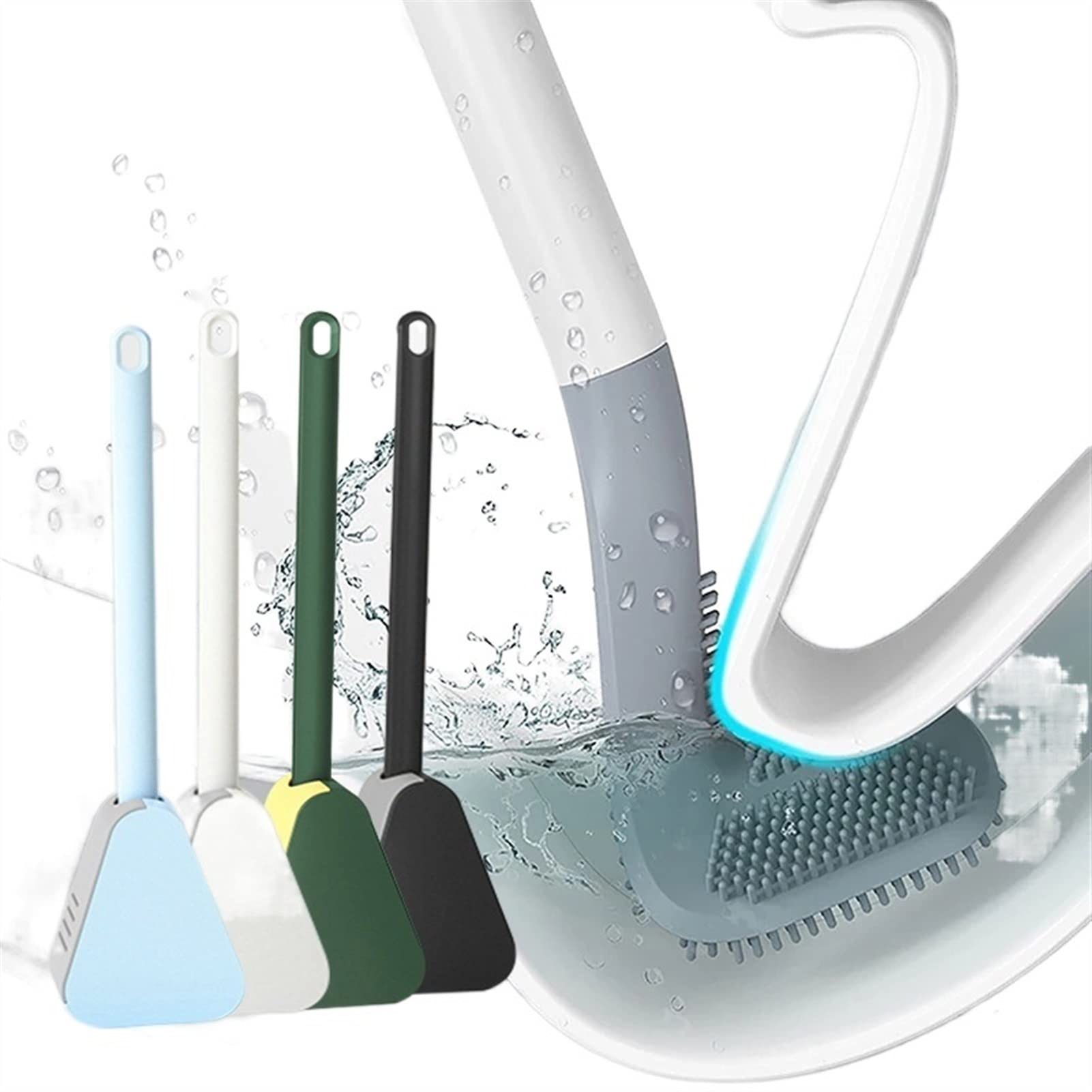 Scopino Per WC A Testa Triangolare In Silicone Con Supporto A Parete Adesivo - Manico Lungo Senza Foratura