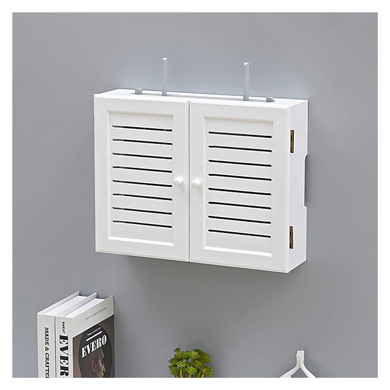 Boîte de rangement pour routeur WiFi blanc 36x28x9.5 cm avec couvercle en bois