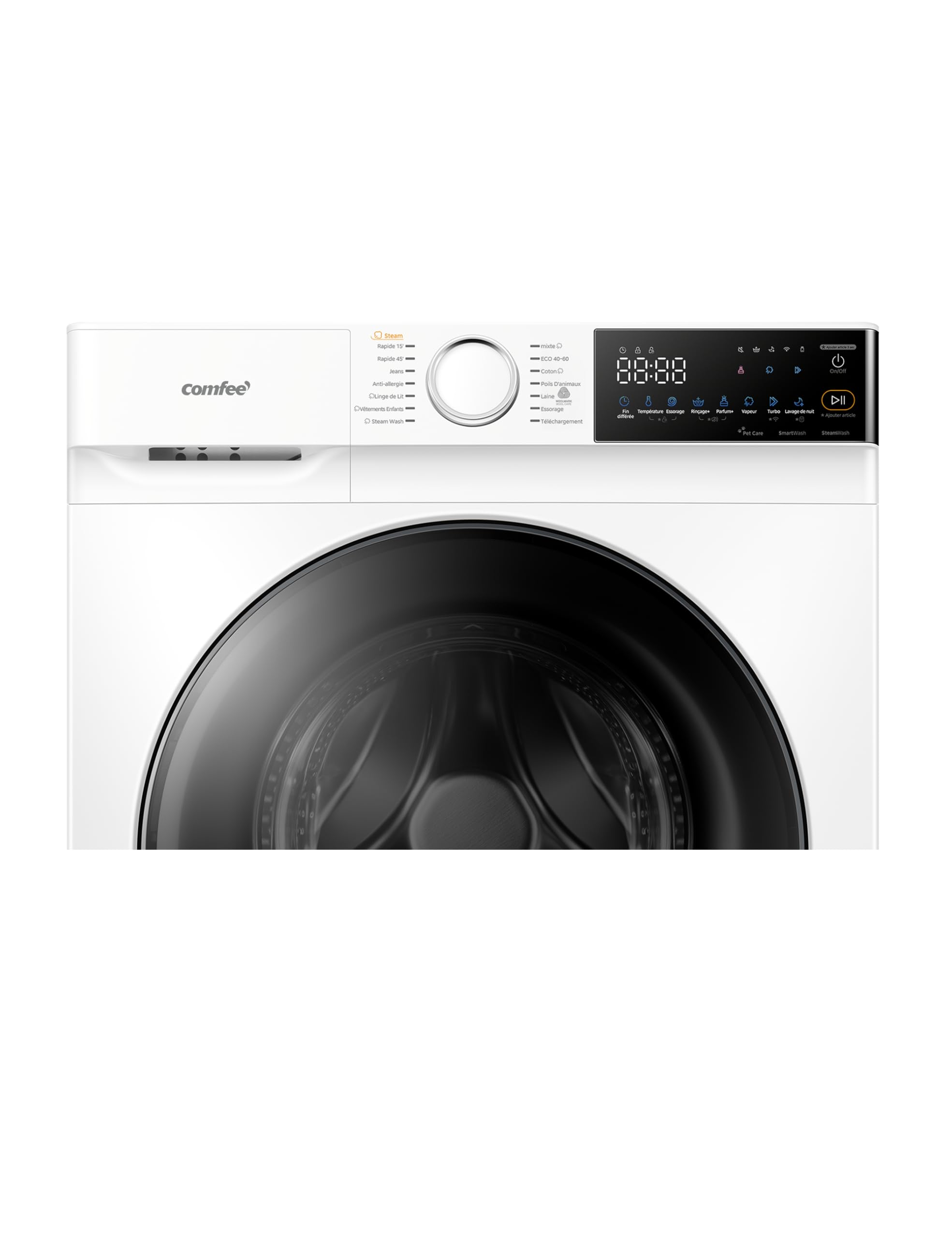 COMFEE' Lave Linge 10kg Classe énergétique A-30% 14 programmes Lavage intelligent contrôlable à distance Élimination des poils d'animaux Parfum+ Blanc