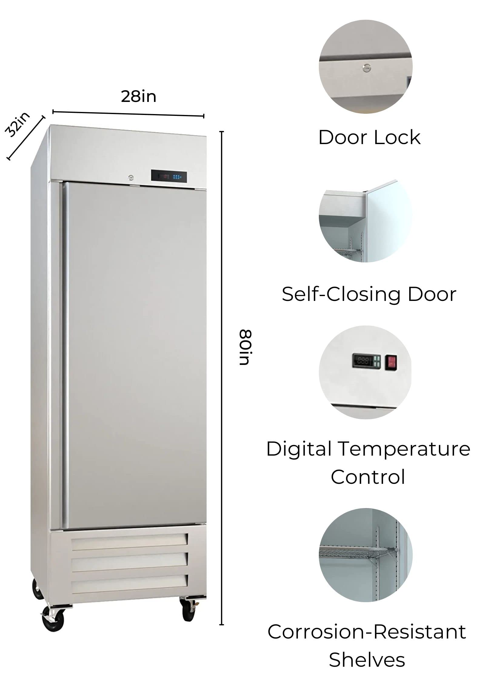 27 5/8 Inch AP-23F 20 Cu. Ft Commercial Freezer, Single Door Stainless Steel Reach-in Freezer with 3 Adjustable Shelves for Restaurants, -8°F – 0°F
