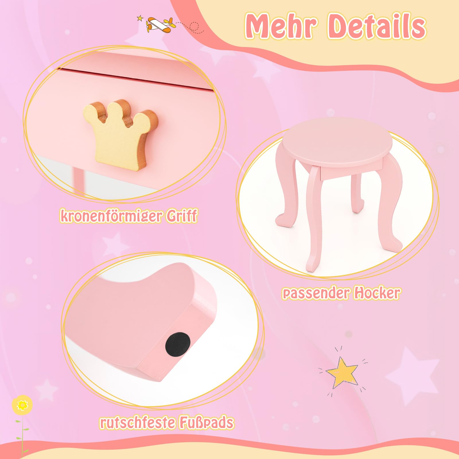 COSTWAY Kinder Schminktisch mit Beleuchtung, Frisiertisch Mädchen mit dreifach klappbarem Spiegel & Schublade, Kosmetiktisch aus Holz mit Hocker, Kinderschminktisch Set für Kinder ab 3 Jahren (Rosa)