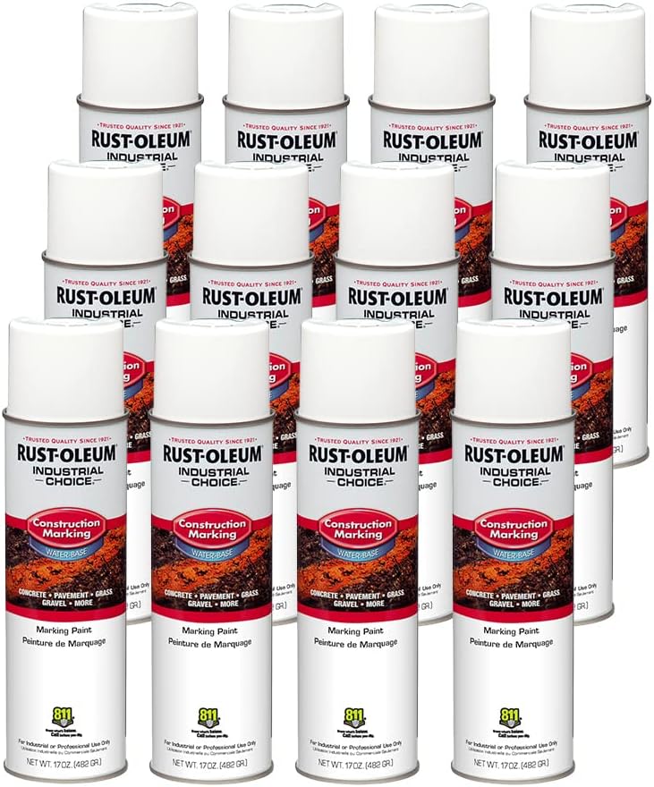 Rust-Oleum 264692-12PK Industrial Choice M1400 System Water-Based Construction Marking Spray Paint, 17 oz, Gloss White, 12 Pack