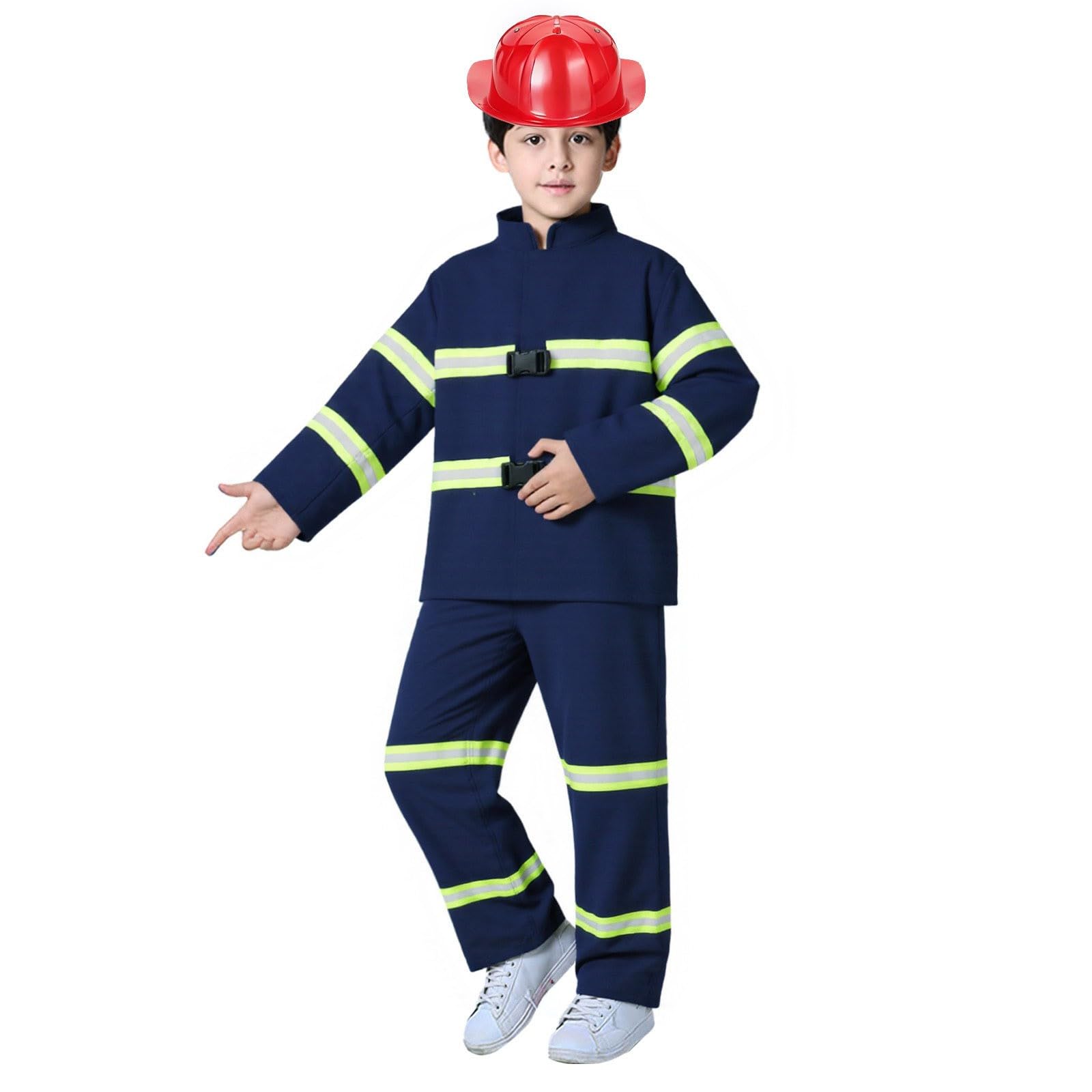 Generico Costume da Pompiere per Bambini, Divisa da Vigile del Fuoco Blu con Casco Rosso, Estintore, Walkie Talkie e Attrezzi, Abito per Carnevale, Halloween e Recita Scolastica