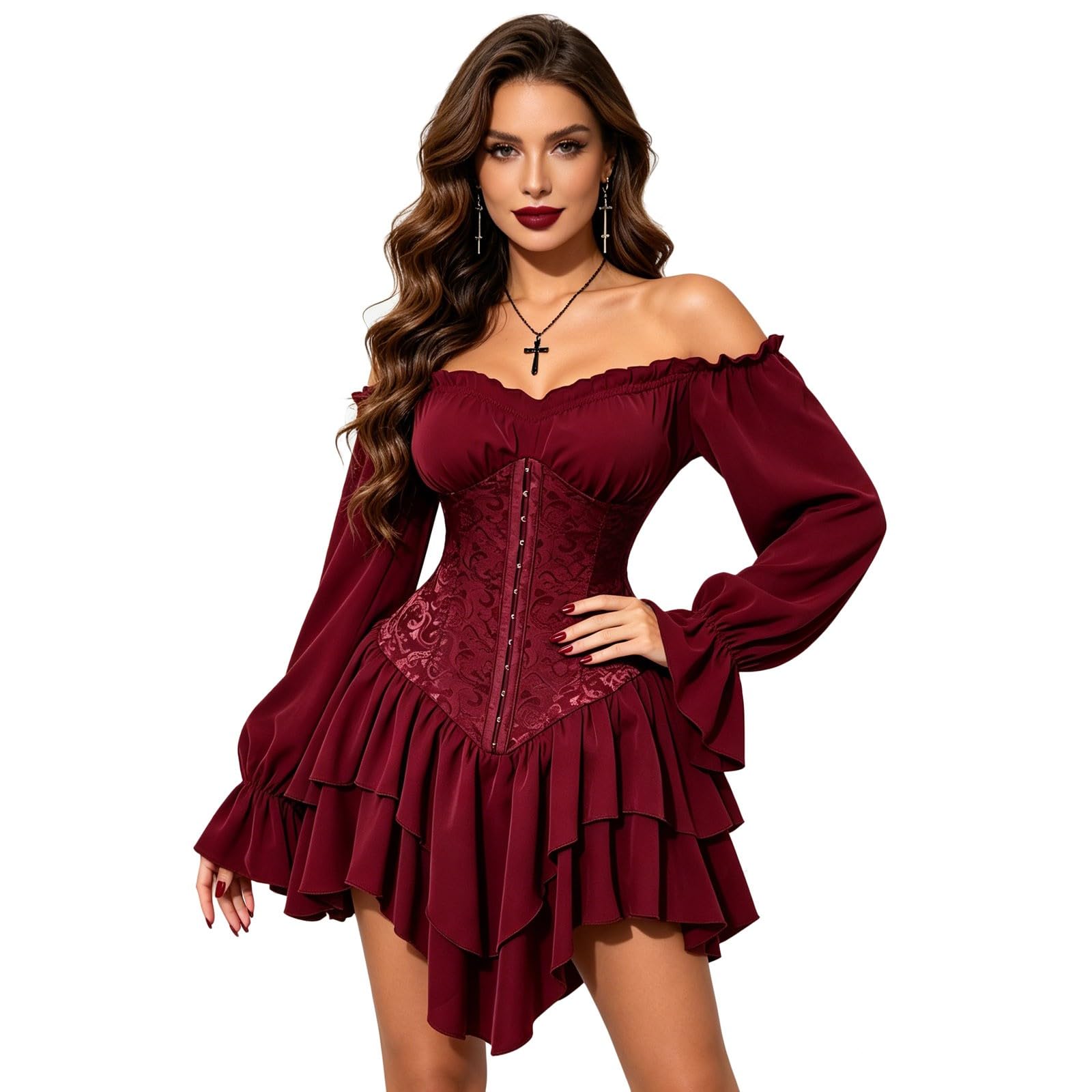 Disfraz Renacentista Mujer,Vestido BlusóN GeoméTrico Midi Para Mujer Corte Ajustado Mangas Largas Hombros Descubiertos Estilo Casual Elegante
