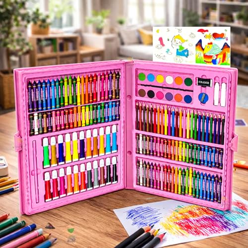 Image of WISHKEY 208 Pieces Art Set for Kids with Storage Case, All in One Art and Craft Supplies Kit for Drawing and Painting with Marker, Watercolor, Pens, Crayons, Color Pencils (Pack of 1, Pink)