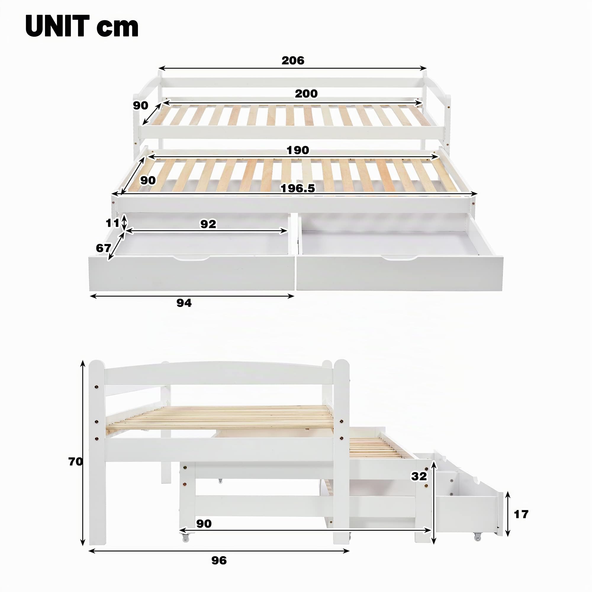 Cadre de lit 90 x 200 cm avec tiroirs, lit gigogne, 2 tiroirs, pour adultes, lit pour enfants, pin, blanc