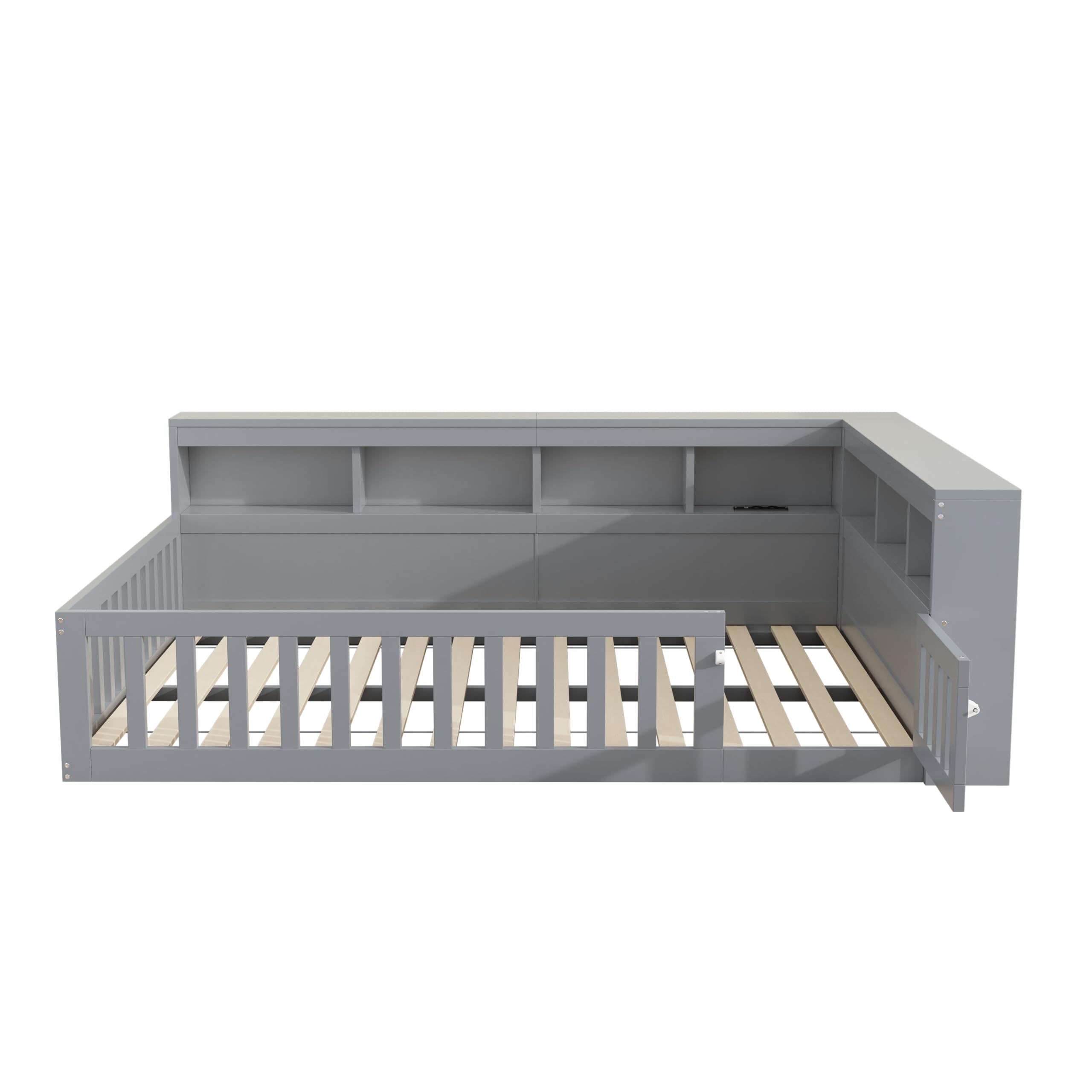 Kinderbett Bodenbett 140x200 mit Staufächern, Lattenrost, Rausfallschutz