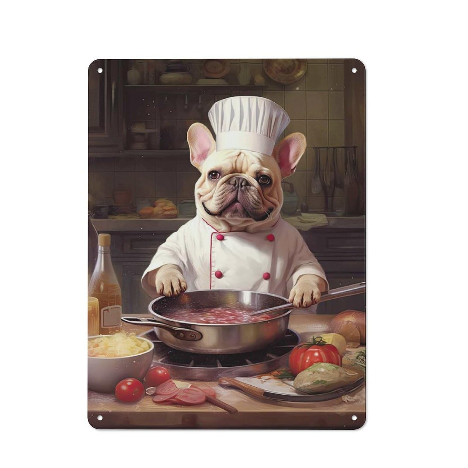 Cream French Bulldog Chef Printed Metal Sign 40x30cm for Garage Wall, with Clear Industrial Wall Decor Character