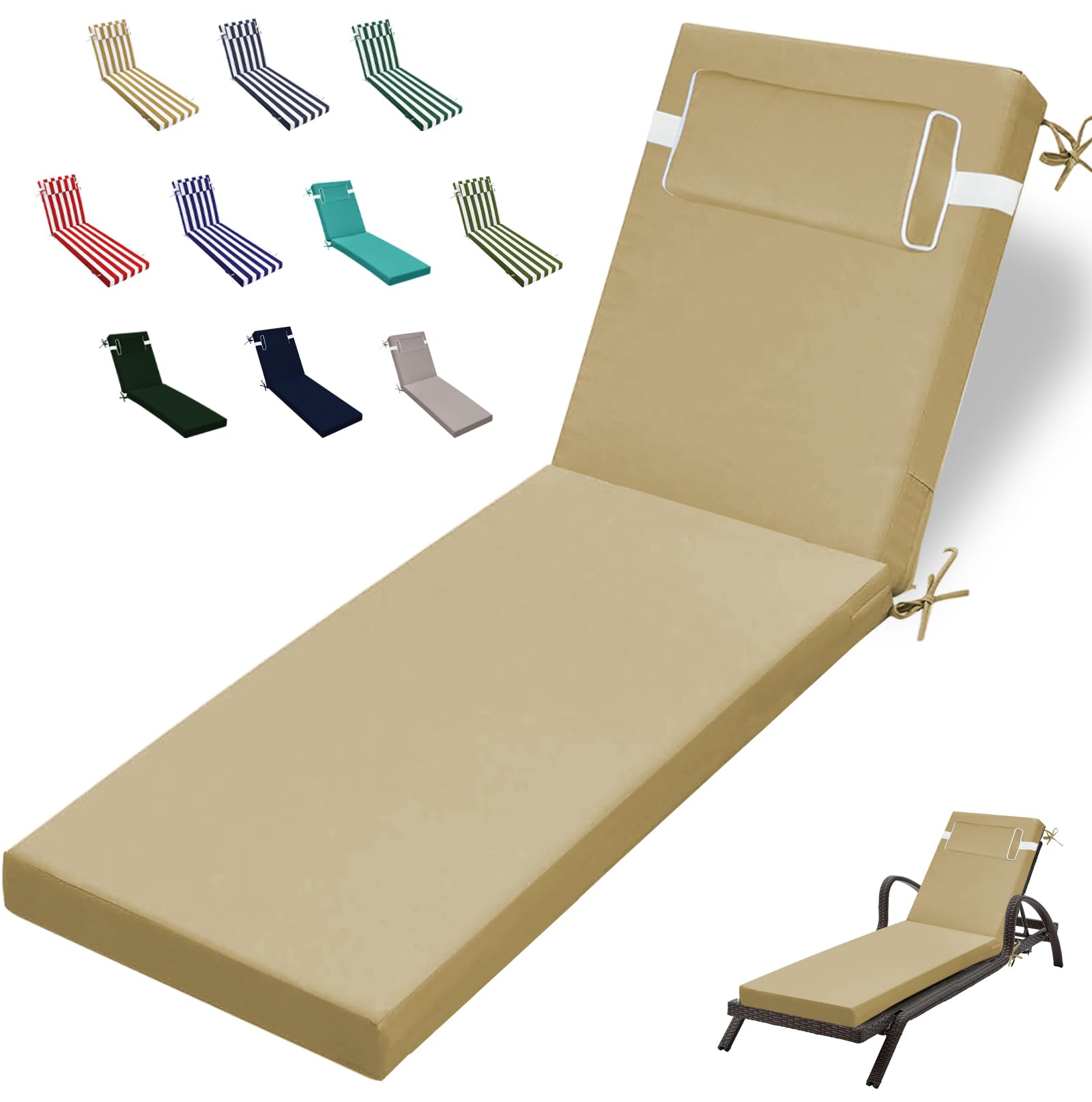 Outdoor Chaise Lounge Cushion, High-Density Foam Fill Patio Furniture Bench Cushions with Ties, Thicken Waterproof Replacement Back Chaise Cushions for Pool, Sand Beach (Beige)