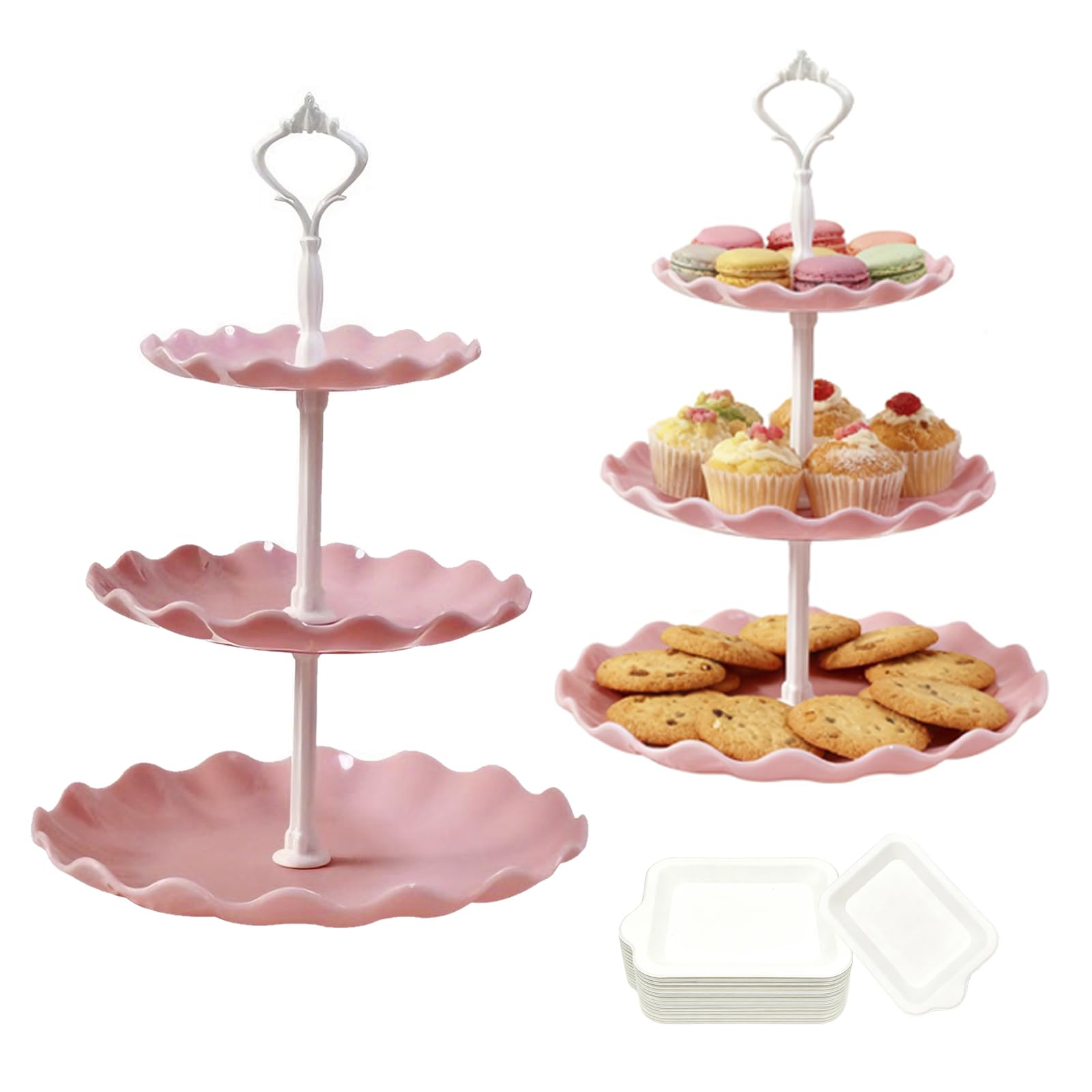 3 Tiers Cake Display Stand, 2PCS Party Server Plates Stands with 30 Dinner Plates, Reusable Afternoon Tea Stands for Baptism Baby Birth Blue Communion Wedding Graduation(Pink)