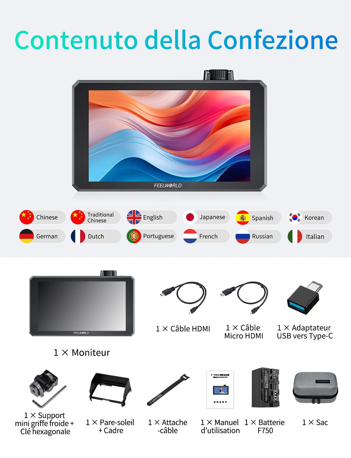 FEELWORLD SC6 3G-SDI Ecran Appareil Photo 6 Pouces Tactile 1500Nit Full HD 1920x1080 IPS Moniteur Camera avec 4K 60Hz 3D LUT HDR,Boîtier en Aluminium,Inclut Batterie F750 4400mAh et Sac