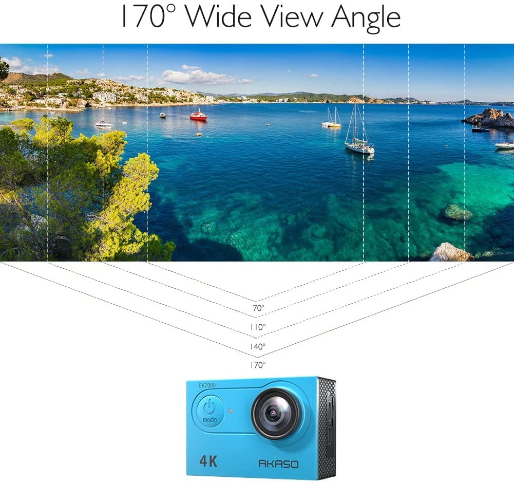 AKASO EK7000 Action Cam 4K 30FPS, WiFi 20MP Fotocamera Subacquea 30M, Videocamera Stabilizzata Caricabatterie con 2 Batterie Angolo di 170° Telecomando 2.4G e Kit Accesorios Multiples (Blu)