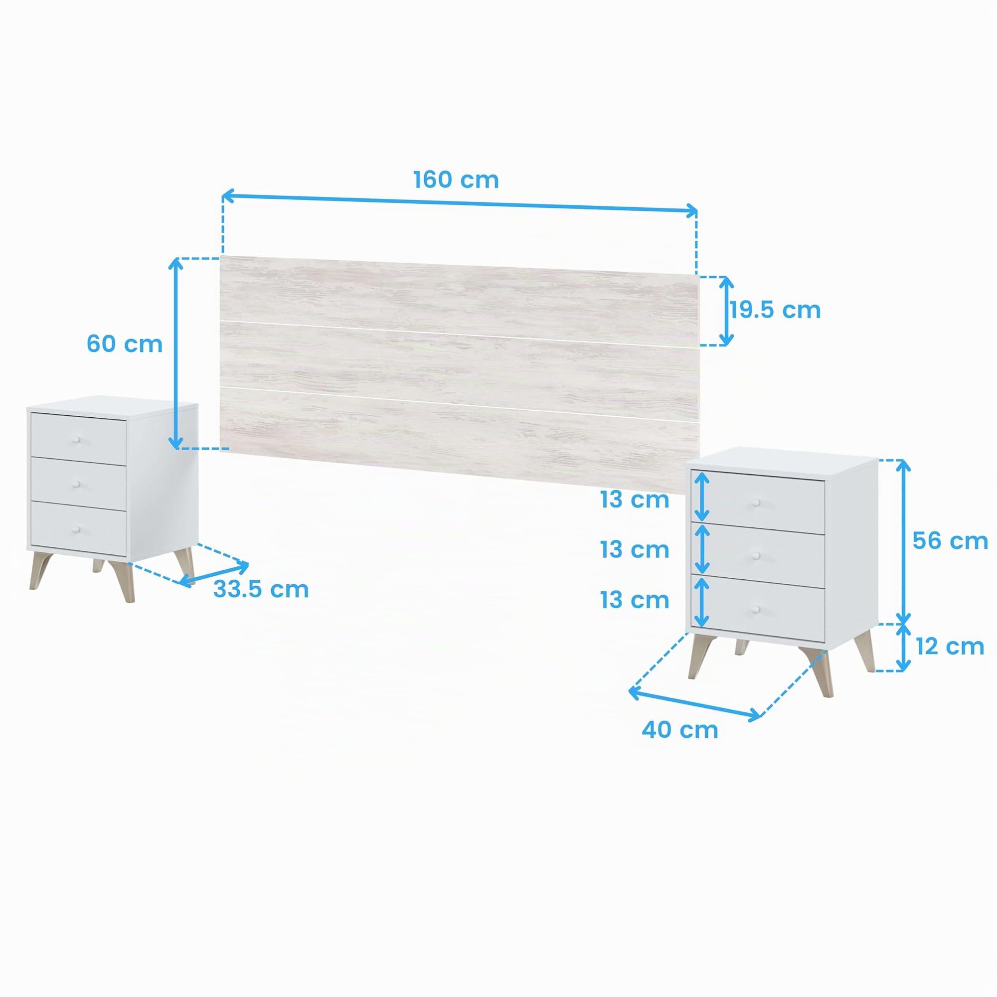 Miroytengo Conjunto Muebles Dormitorio Habitación Estilo Nórdico Blanco 150 cm (cabecero + 2 Mesitas + Cama + Cómoda)