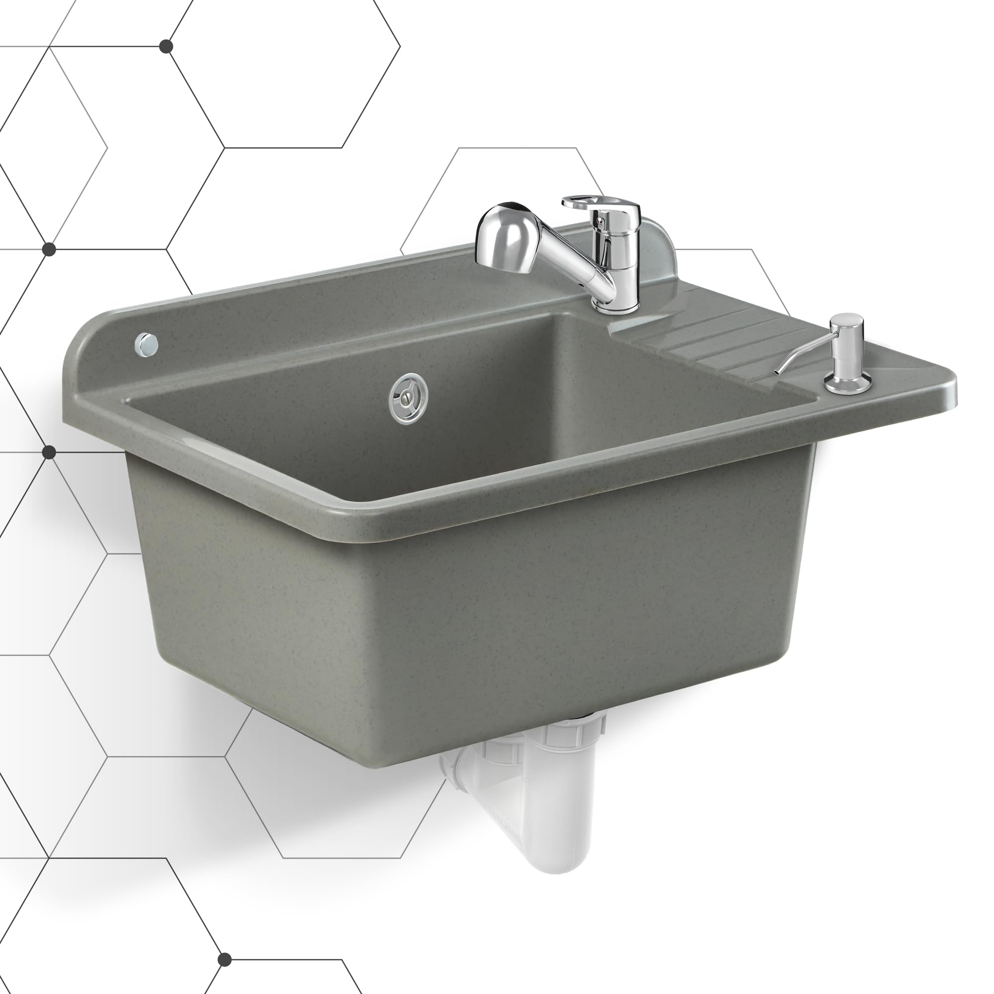 Basino di versamento del Gospo fatto di polipropilene, 50,5 x 34 x 26,5 cm, lavandino con rubinetto, sifone, distributore di sapone, lavandino, lavandino per la casa (grigio)