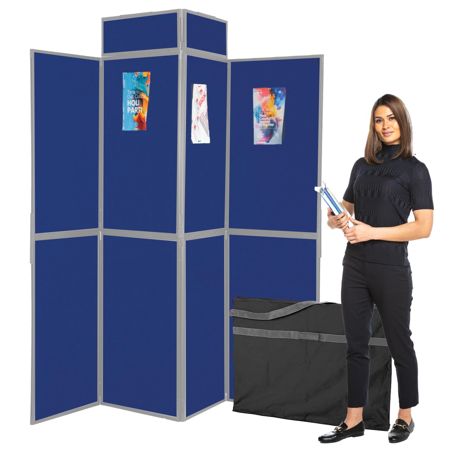 Wonderwall Folding 8 Panel Display Panel Kit, Double-sided Exhibition Pinboard, Blue/Light Grey, Lightweight PVC Frame, Clip-on Headers, Bag & Adhesive Coins - for Schools, Offices, Fairs