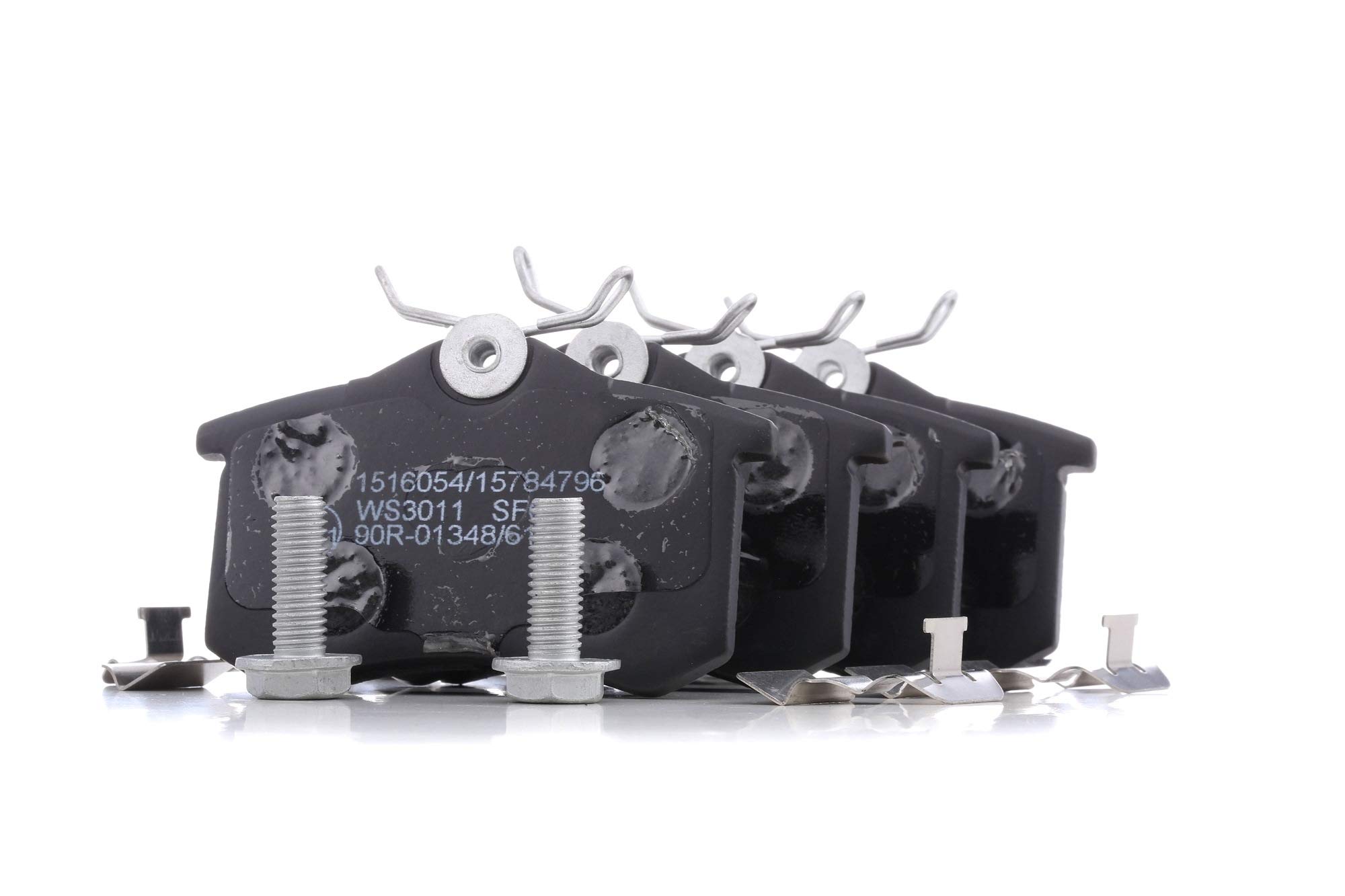 RIDEX 402B1389 Juego para eje Juego de pastillas de freno Trasero con accesorios con muelle con tornillos pinza freno Chapa antichirridos compatible con VW Polo V Hatchback 6R1, 6C1