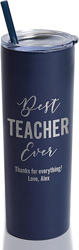 Miniatura 9 de Lifetime Creations Vaso grabado personalizado para profesor con popote (blanco) - Vaso delgado, regalo de agradecimiento para maestros