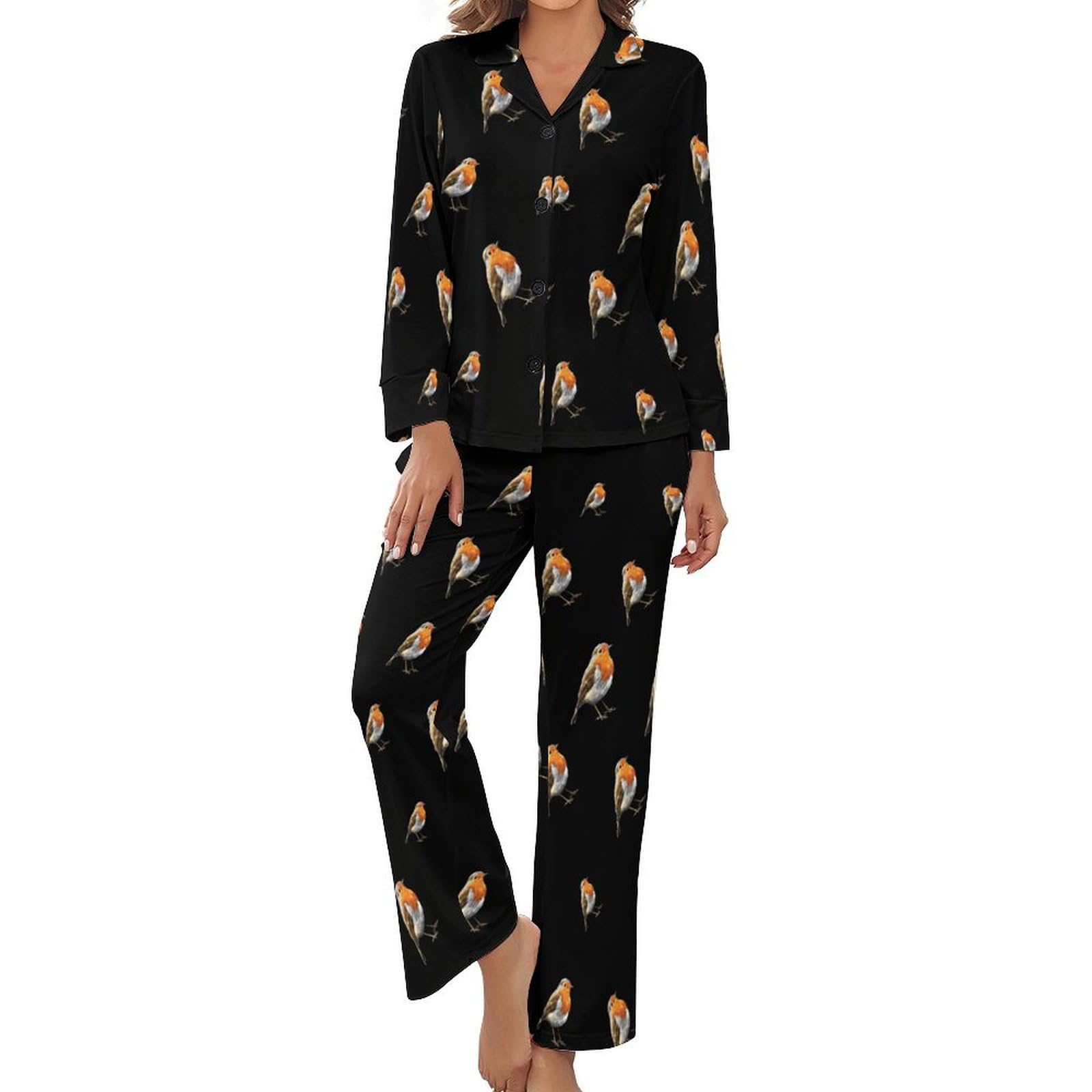 Peiyeety Women's As Pic Robin Bird Pajama Set Novelty Long Sleeve Sleepwear Lounge
