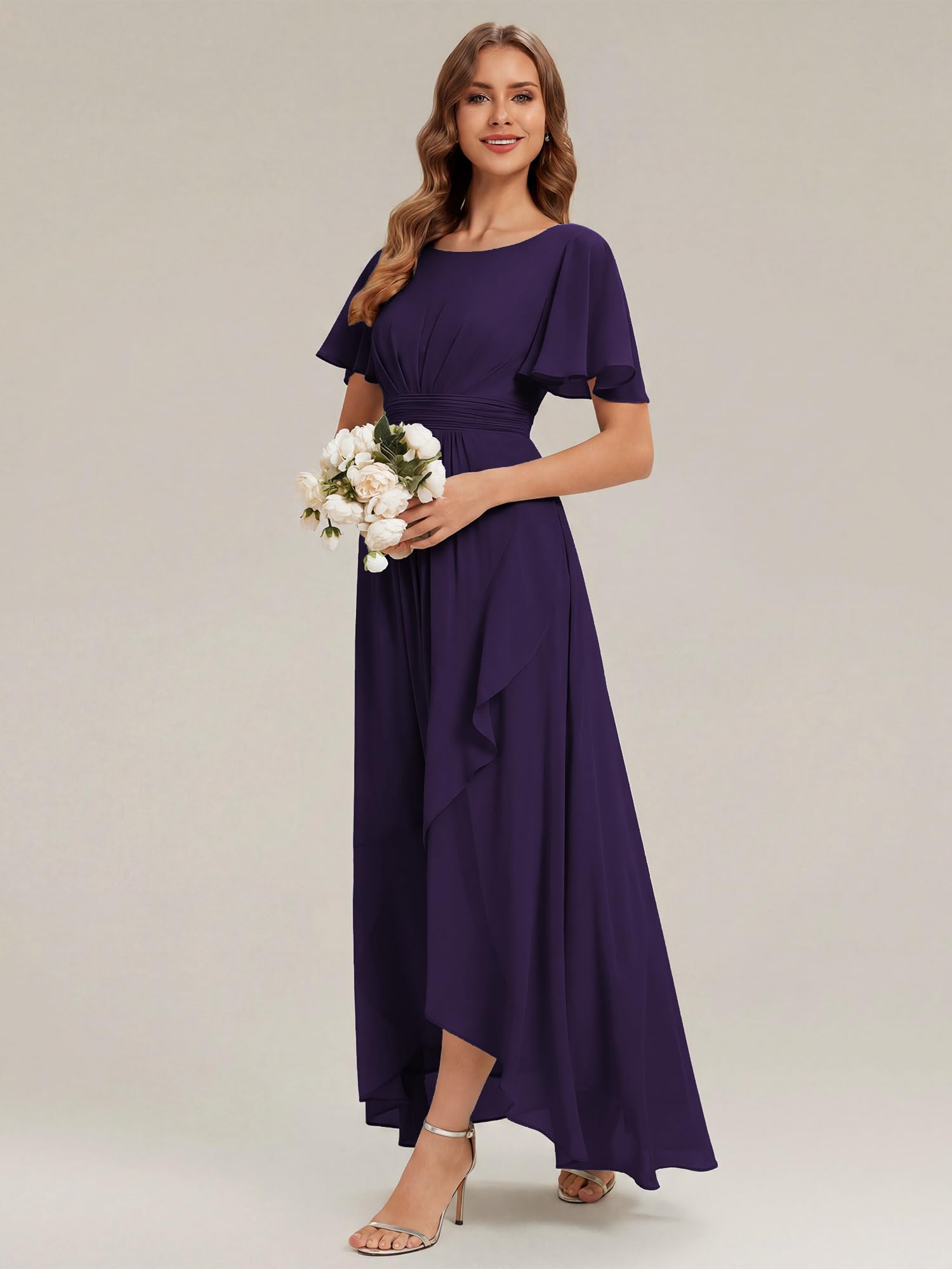 Ever-Pretty Robes de Demoiselle d'honneur Col Ronde Manches Courtes Mousseline High-Low Ourlet asymétrique ES02708