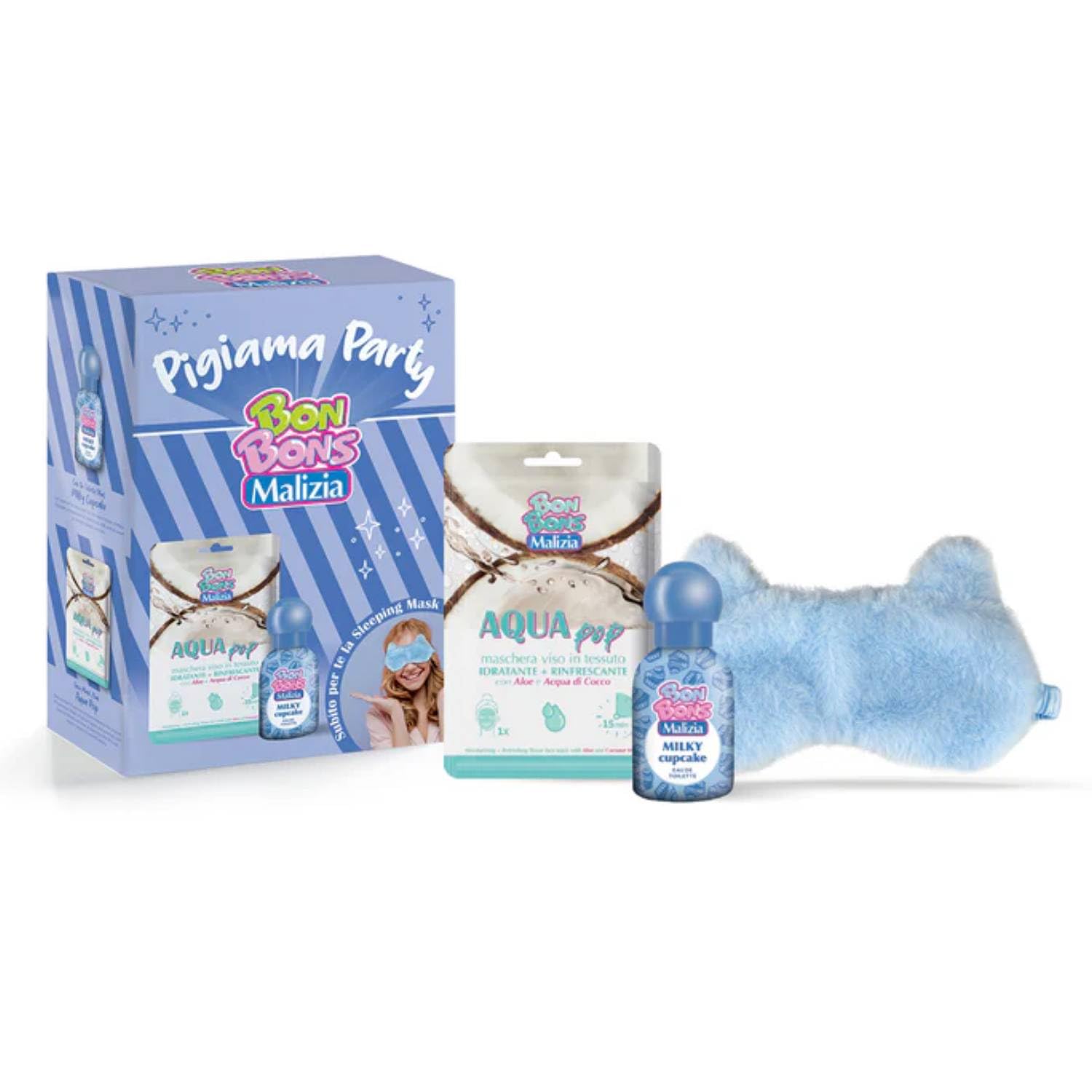 Malizia Bon Bons Set Regalo Bambina Pigiama Party Milky Cupcake Maschera Viso- Profumo Eau De Toilette Spray 50 Ml e Maschera per Dormire
