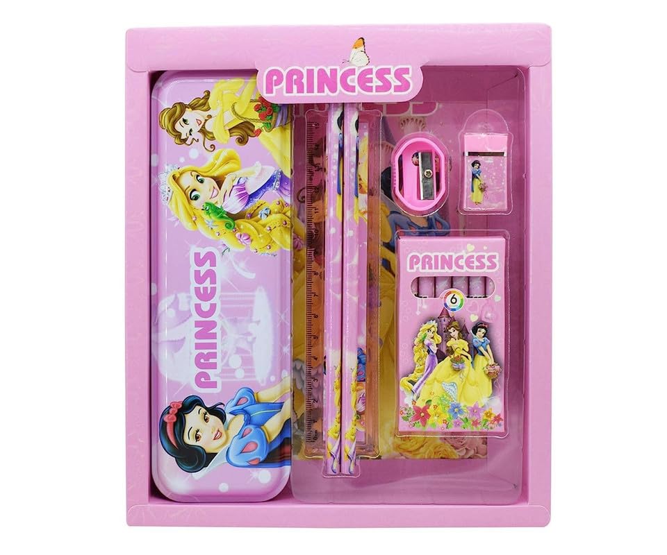 Image of Princess Stationary Kit with 1 Pencil Box Case 2 Pencils 6 Crayon Colors 2 Space Gel Pen 1 Ruler Scale Eraser Sharpener Kit for Kids (Character As Per Available)