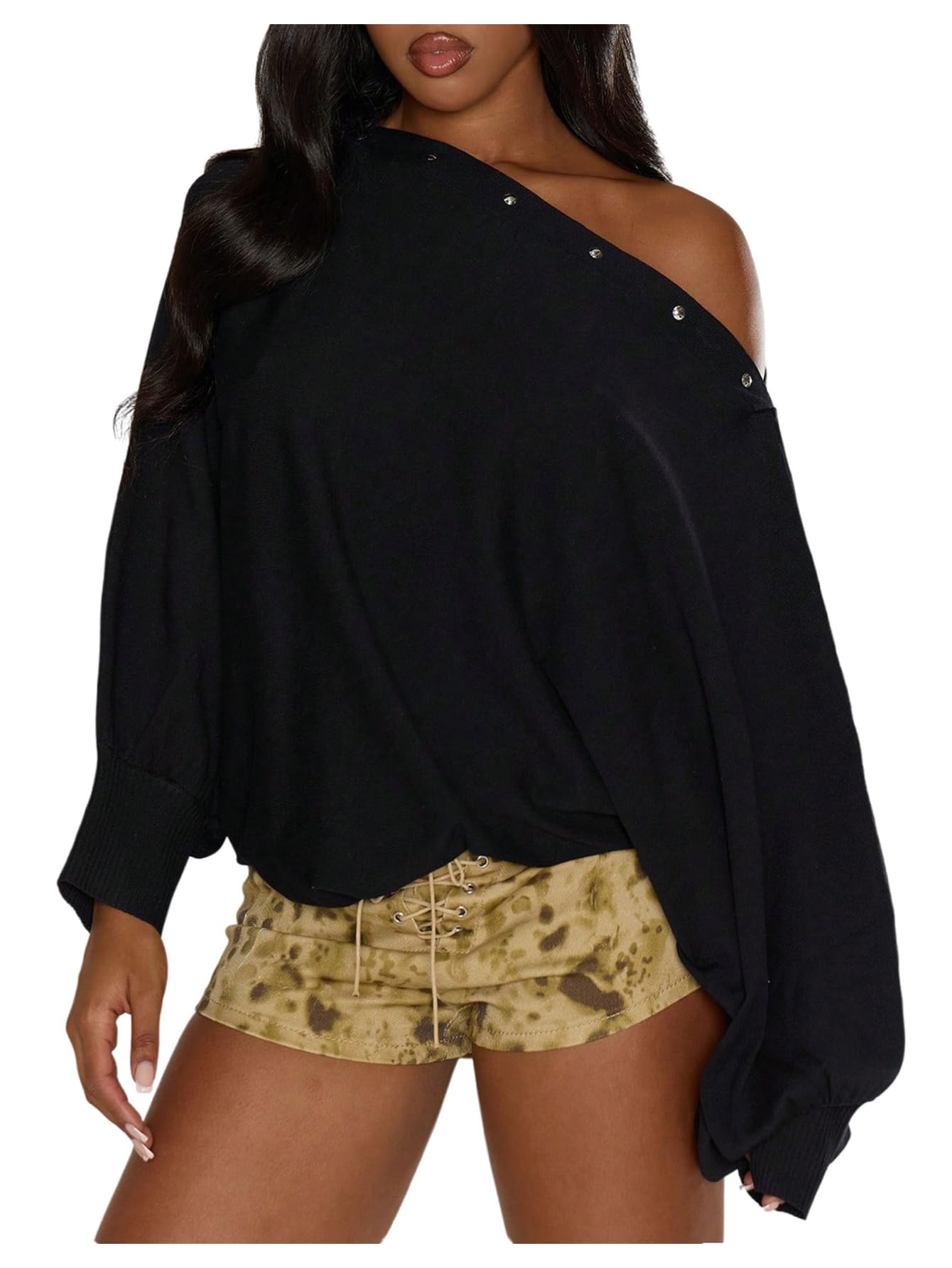SOLY HUX Womens Off The Shoulder Y2K Sweaters Long Sleeve Jumpers Oversized Going Out Knit Tops