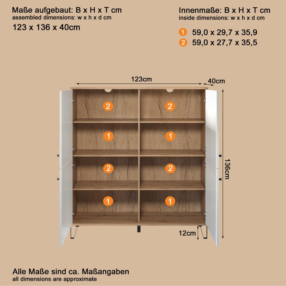 trendteam smart living - Touch - Sideboard - Weiß/Eiche - Highboard mit 4 Türen und 3 Einlegeböden - Fronten mit dekorativer Fräsung - (BxHxT) 123 x 136 x 40 cm - extravagante schwarze Metallfüße