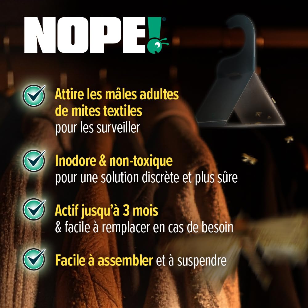 NOPE! Pièges Anti Mites Textiles 3 x 2 – Inodore & Non Toxique – À Base de Phéromones – Protection Efficace pour Vêtements