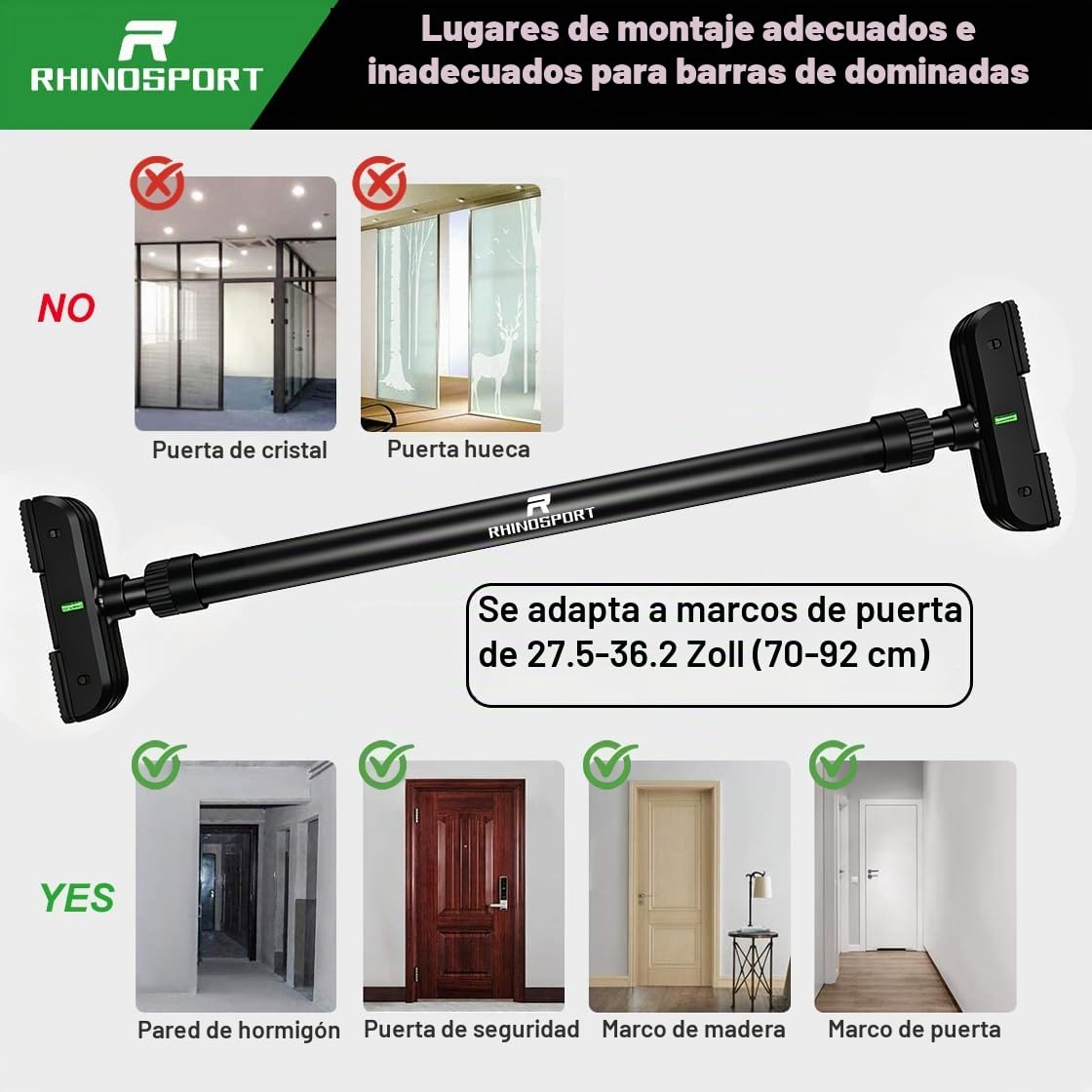 RHINOSPORT Barra de dominadas para puerta sin tornillos con nuevo candado giratorio para rueda dentada, barra de dominadas ajustable de 69 a 92 cm, capacidad de carga de hasta 200 kg