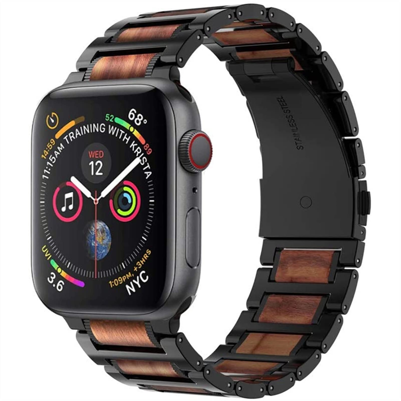 AMSH Holz-Armband für Apple Watch, 44 mm, 40 mm, 42 mm, 38 mm, Edelstahl-Armband, Correa-Gürtel für i-Watch Serie 5/4/3/SE/6/7, 45 mm, 41 mm