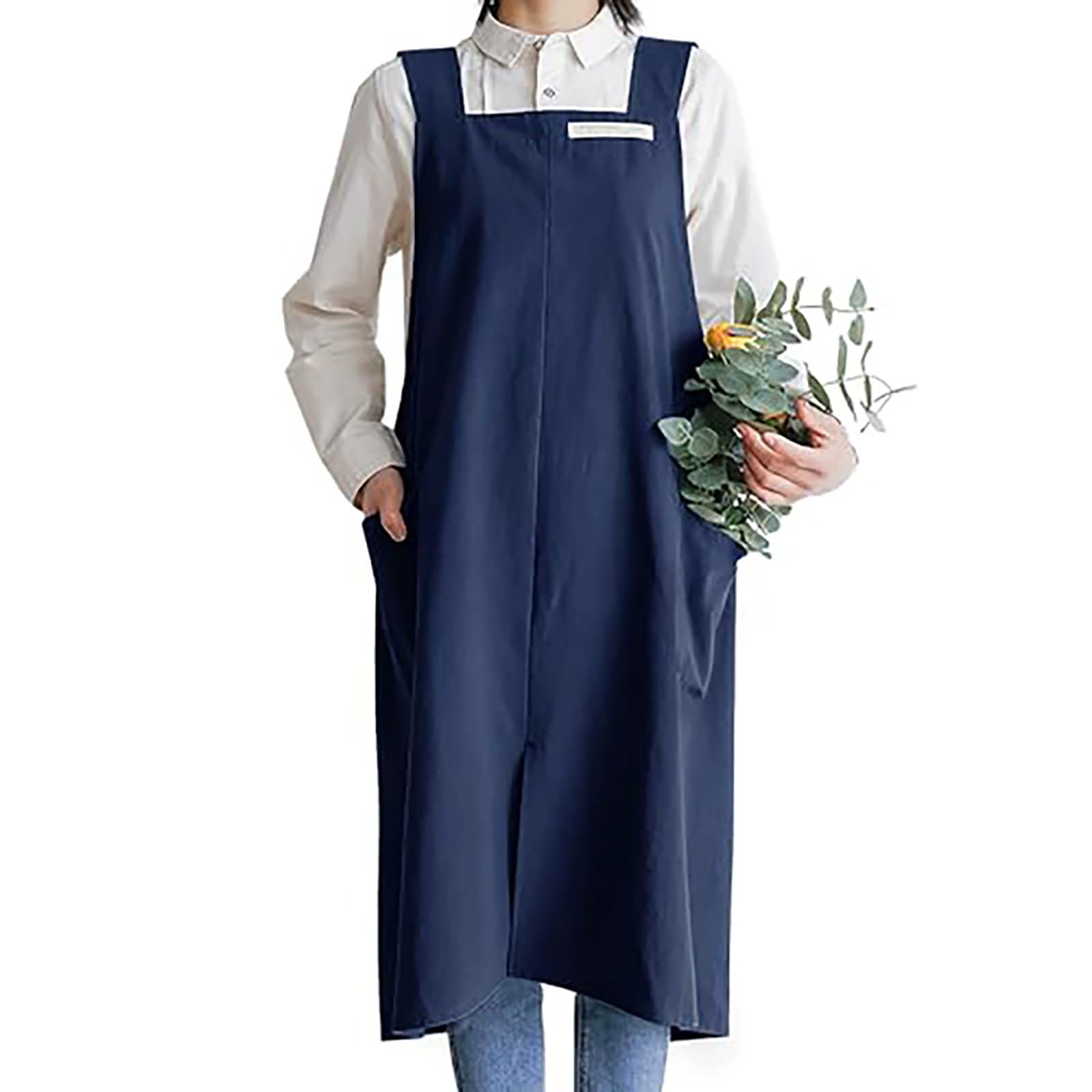 Grembiule da Cucina da Donna in Cotone E Lino con Pettorina Incrociata E Tasche, Adatto per Cucina, Casa, Ristorante, Hotel F,One Size