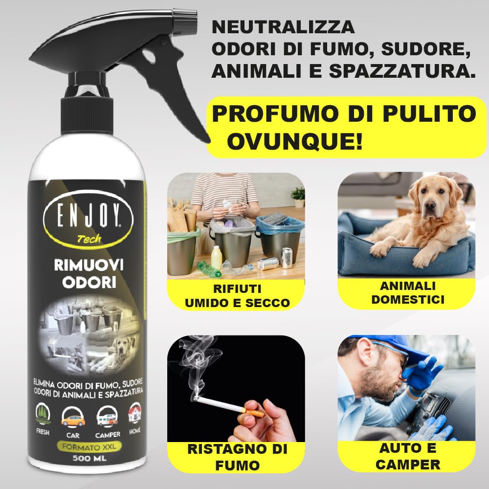 ENJOY TECH Rimuovi Odori Spray 500 ml – Neutralizza Odori di Fumo, Animali, Cibo e Sudore – Assorbi-Odori per Tessuti, Divani, Auto, Scarpe e Accessori Sportivi – Made in Italy