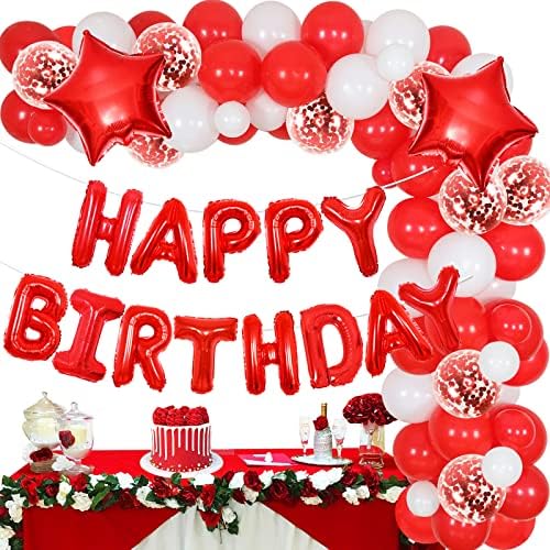 Red and White Balloons Birthday Party Decorations for Men Women, Balloon Garland Arch Kit with Happy Birthday Banner, Confetti Latex Balloons and Star Foil Balloons