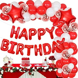 Red and White Balloons Birthday Party Decorations for Men Women, Balloon Garland Arch Kit with Happy Birthday Banner, Confetti Latex Balloons and Star Foil Balloons