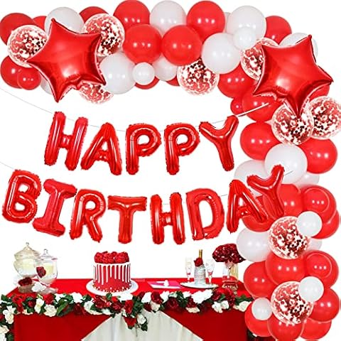 Red and White Balloons Birthday Party Decorations for Men Women, Balloon Garland Arch Kit with Happy Birthday Banner, Confetti Latex Balloons and Star Foil Balloons Cover
