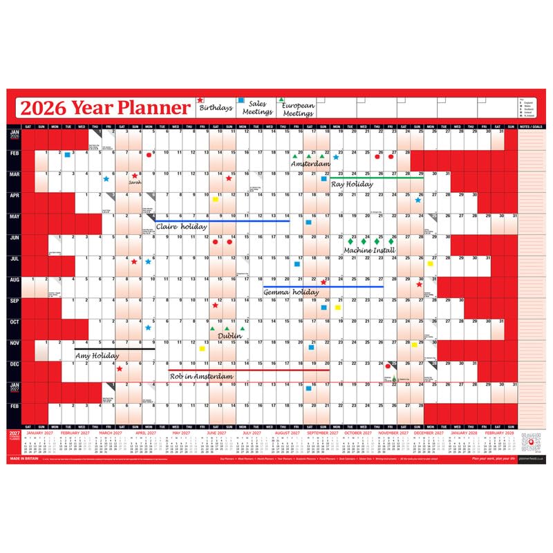 PlannerHead 2026 Wall Planner Red | Yearly Calendar 2026 for Students, Families, Businesses, Offices|UK & Ireland Bank Holidays|Unmounted & Unlaminated(Red, Gigantic 90cm x 135cm - Rolled)