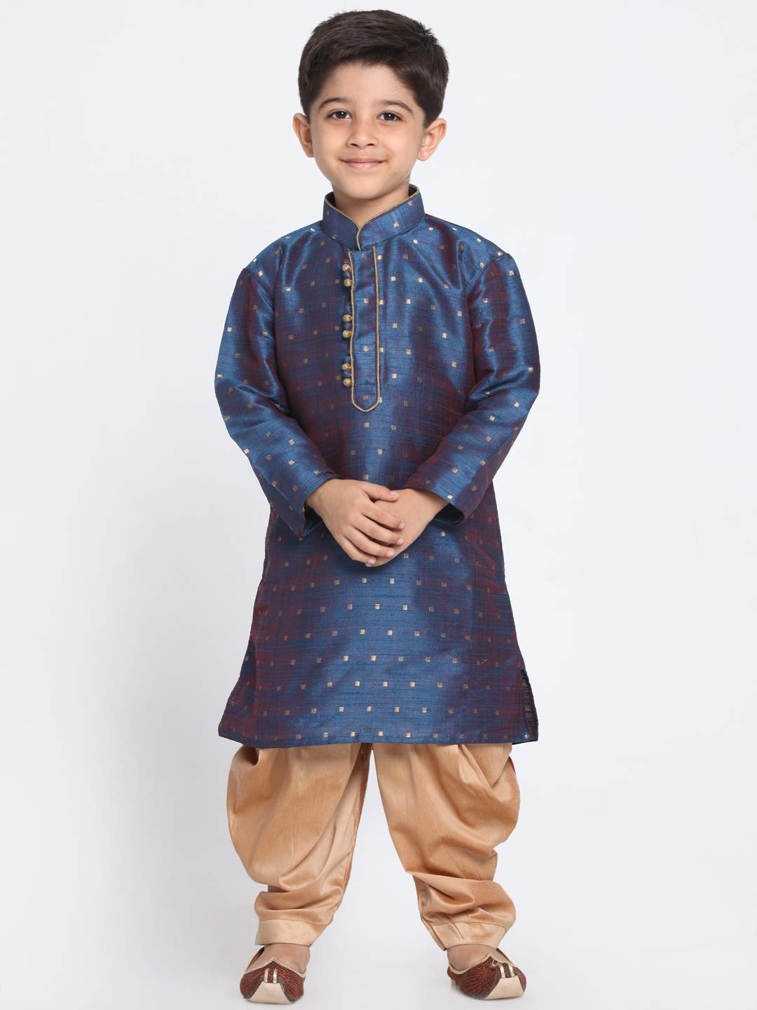 Jbn Creation Boys' Persian Blue And Rose Gold Silk Blend Kurta And Dhoti Pant Set (Vasbk023Buncdrg, For 18-24 Months)