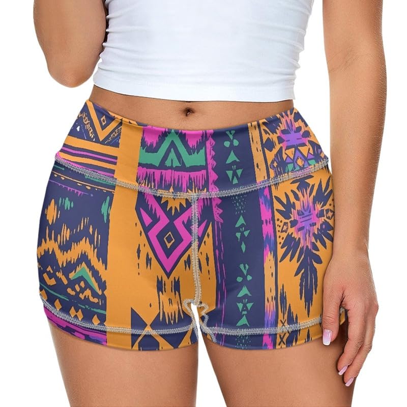 Irisjudy Aztec Geometric Art Women Booty Shorts Colorful Ethnic Mexican High Waisted Yoga Pants Tummy Control, Colorful Sexy Butt Lifting Hot Dance Clubwear